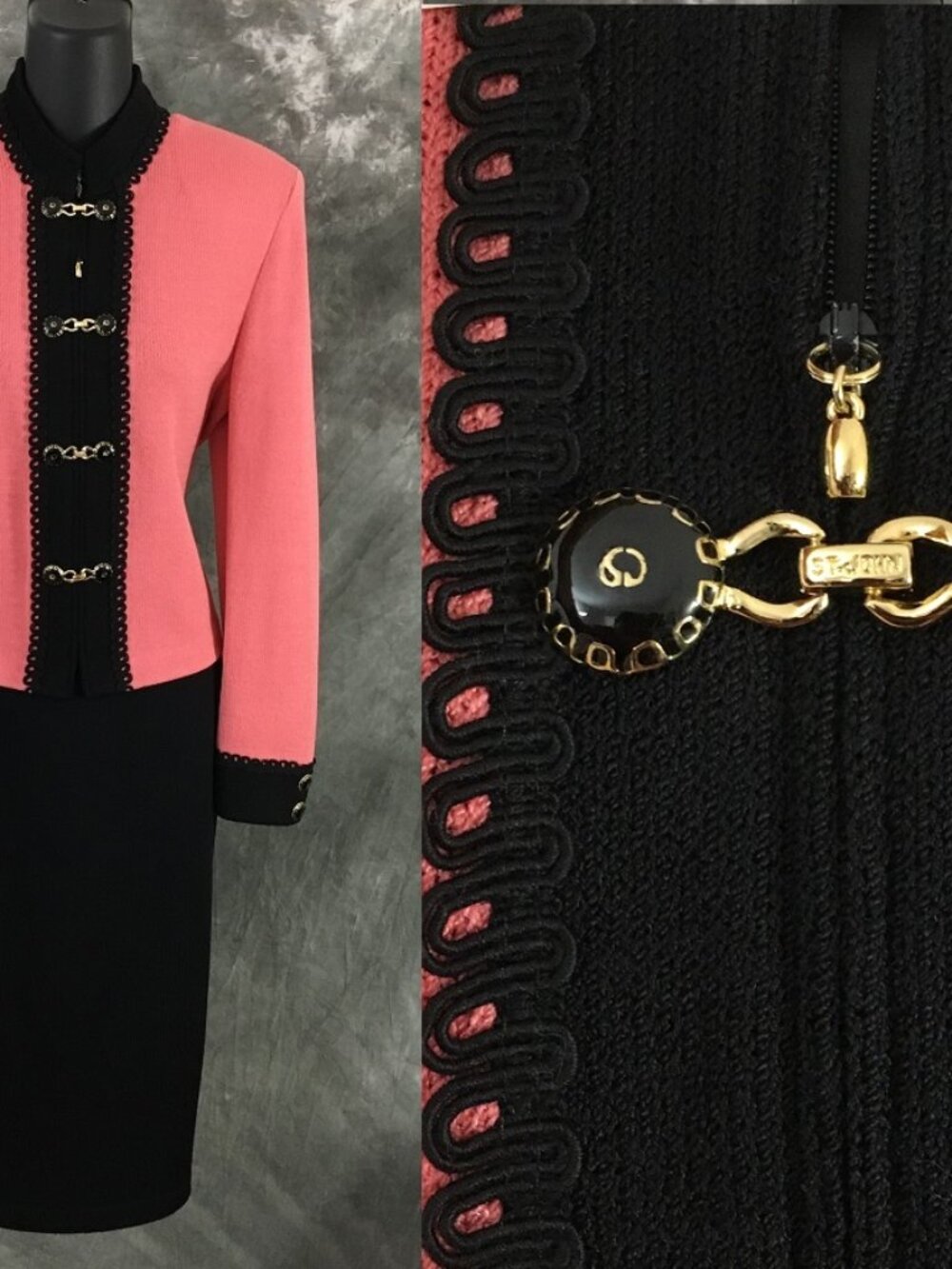 BEAUTIFUL St John collection knit coral black multi jacket skirt suit size 4